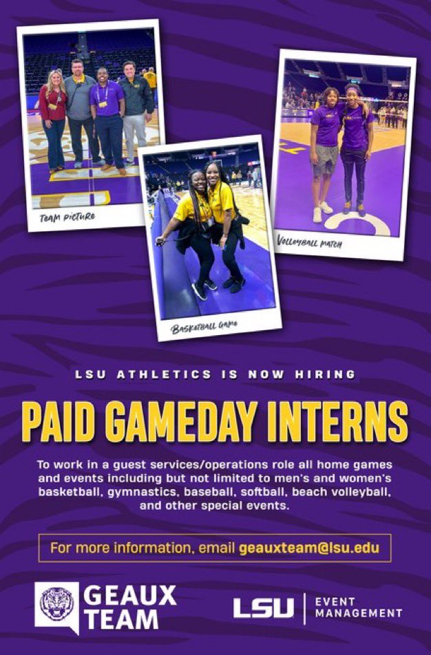 LSU_SAA's tweet photo. LSU Game Operations is now hiring paid gameday interns! https://t.co/Y0jdtMSObd