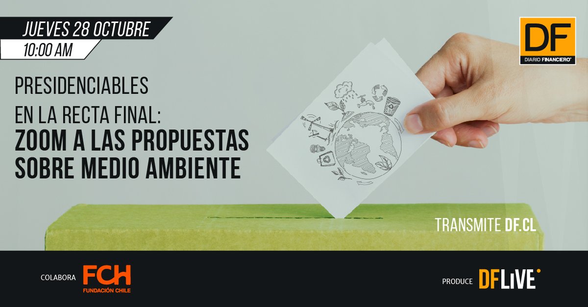 Este jueves 28 de octubre a las 10.00 am, los invitamos al 3º debate de asesores presidenciales. En el que se abordarán las propuestas en materia de #MedioAmbiente. 🌎

Inscríbete aquí 📲 ow.ly/LyPk50GtpbT

Produce <a href="/DFinanciero/">Diario Financiero</a> en colaboración con <a href="/fundacionchile/">Fundación Chile</a>
