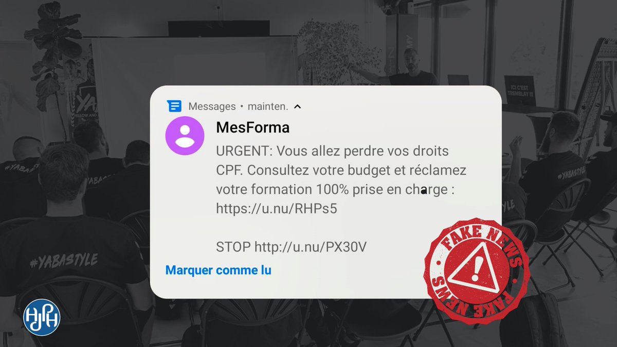 AJPH (@ajphandball) on Twitter photo #Informer 🚨 Plusieurs joueur(se)s (et salariés en général) reçoivent ce SMS.
⛔️C'est FAUX ! Ces messages (et appels) proviennent d'organismes de formation souhaitant vendre leurs formations à tout prix quitte à faire de la pub mensongère.
<a href="/caissedesdepots/">Caisse des Dépôts</a> <a href="/Travail_Gouv/">Ministère du Travail et de l'Emploi</a> #Informer 🚨 Plusieurs joueur(se)s (et salariés en général) reçoivent ce SMS.
⛔️C'est FAUX ! Ces messages (et appels) proviennent d'organismes de formation souhaitant vendre leurs formations à tout prix quitte à faire de la pub mensongère.
<a href="/caissedesdepots/">Caisse des Dépôts</a> <a href="/Travail_Gouv/">Ministère du Travail et de l'Emploi</a>