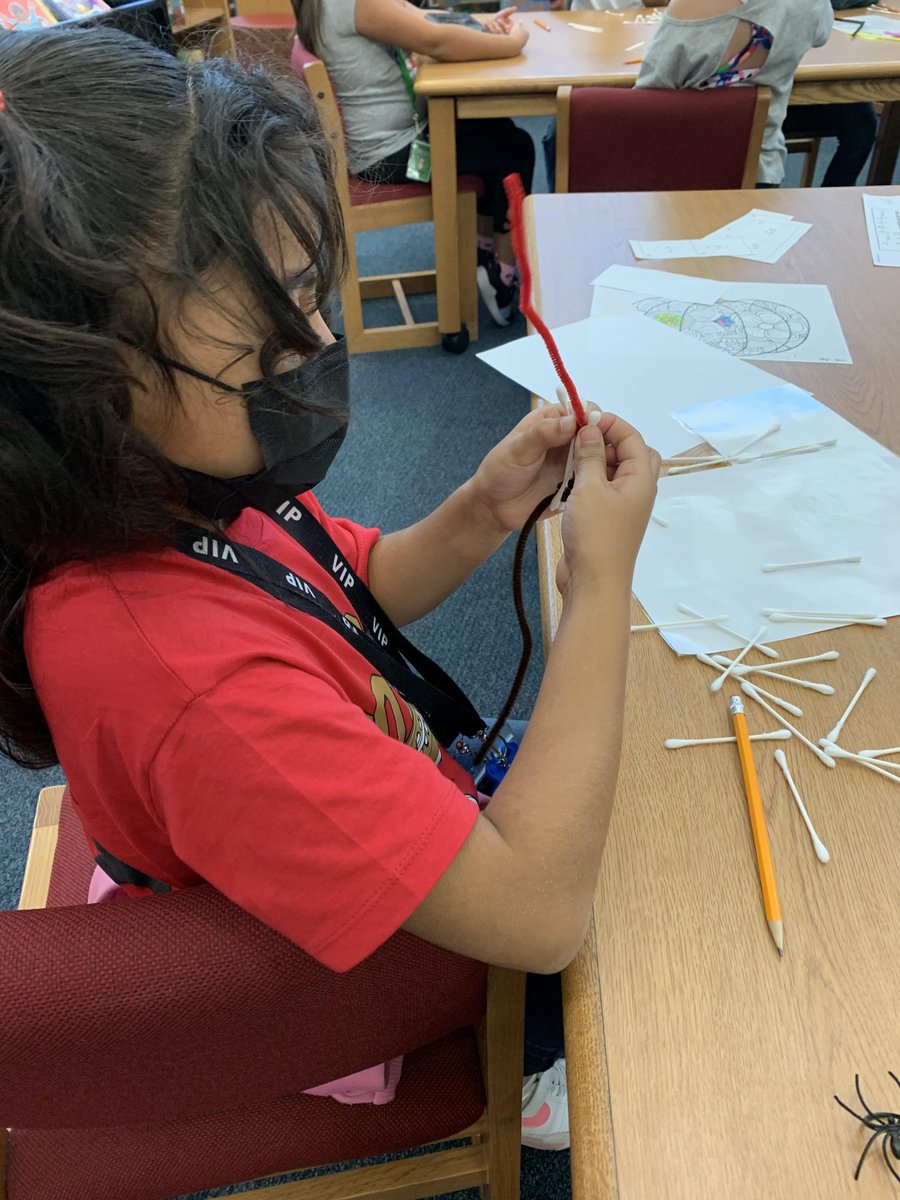 henrielibrary's tweet photo. Henrie 2nd graders attempted to build a "bone" bridge (cotton swab) for their spiders to cross. Planning, collaborating and listening were skills we practiced. #Henriehawks https://t.co/y1HaSbGpLs
