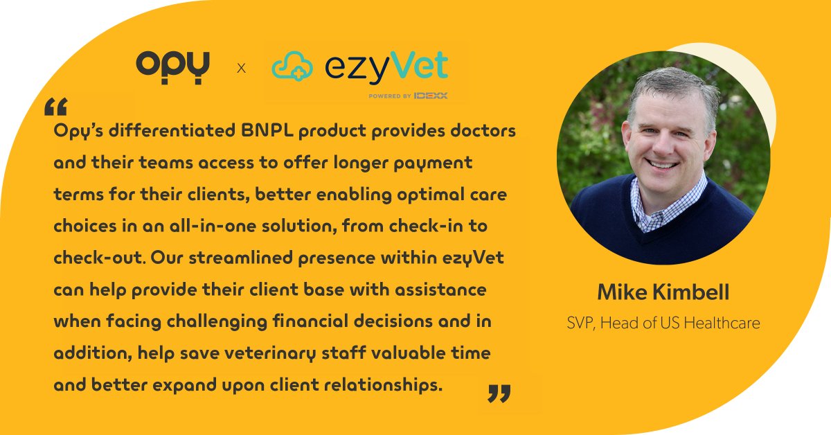 Opy_USA's tweet photo. Today, we mark our official launch into the US market with @ezyVet, our latest partnership, bringing our longer, larger, lower-cost #BNPL products to pet owners nationwide. Learn more: https://t.co/BrX4Q9J3kf #Opy #Openpay #ezyVet https://t.co/gkbkbjCsGm