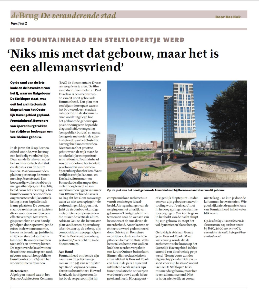 bartlvink's tweet photo. "Wie goed kijkt ziet de gemiste kans van Fountainhead in het water blikkeren." Helaas door tegenstanders om zeep geholpen. Hier was idd meer lef op zijn plaats geweest.
#Steltloper dus ipv #Fountainhead. Doodzonde.
@architectenweb @RonnieAmsterdam @west8design https://t.co/KtWg0IwVgh