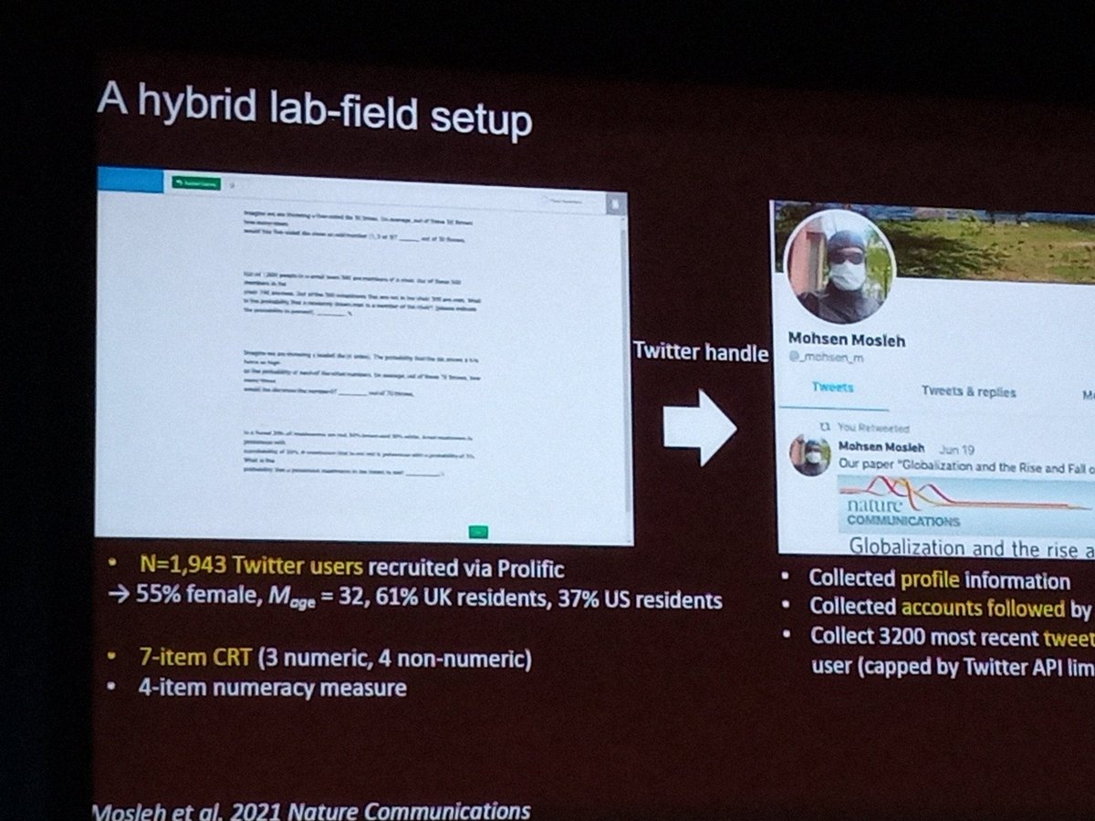 AndresKarjus's tweet image. #CCS2021 Mohsen Mosleh on online misinformation field exprmnts. Using cooking bots to get followers from musinfo sharing users, probe them w content accuracy message, see if they change behaviour: it works. But public factcorrection has opposite effect, incr misinfo behavior!