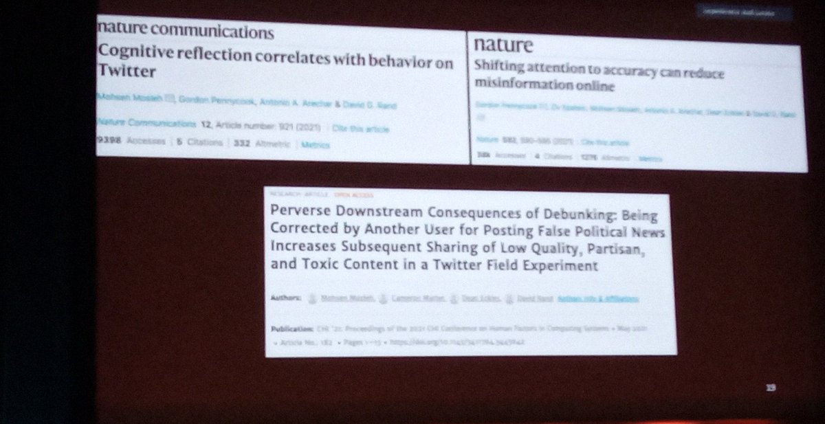 AndresKarjus's tweet image. #CCS2021 Mohsen Mosleh on online misinformation field exprmnts. Using cooking bots to get followers from musinfo sharing users, probe them w content accuracy message, see if they change behaviour: it works. But public factcorrection has opposite effect, incr misinfo behavior!
