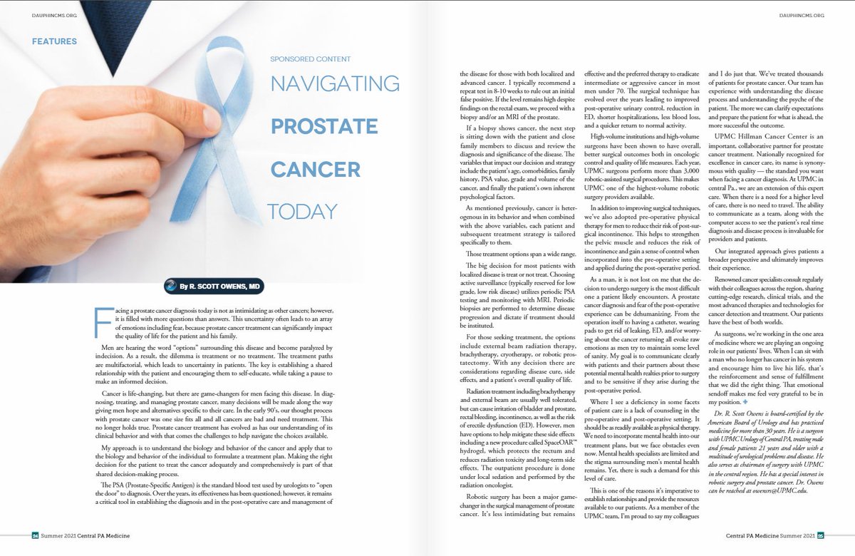 UrologyCP's tweet photo. Dr. Scott Owens shares how to navigate the #prostatecancer journey in this article, found in the Dauphin County Medical Society’s “Central PA Medicine” magazine. https://t.co/7xizRHH4mQ https://t.co/2c9aUVudXn