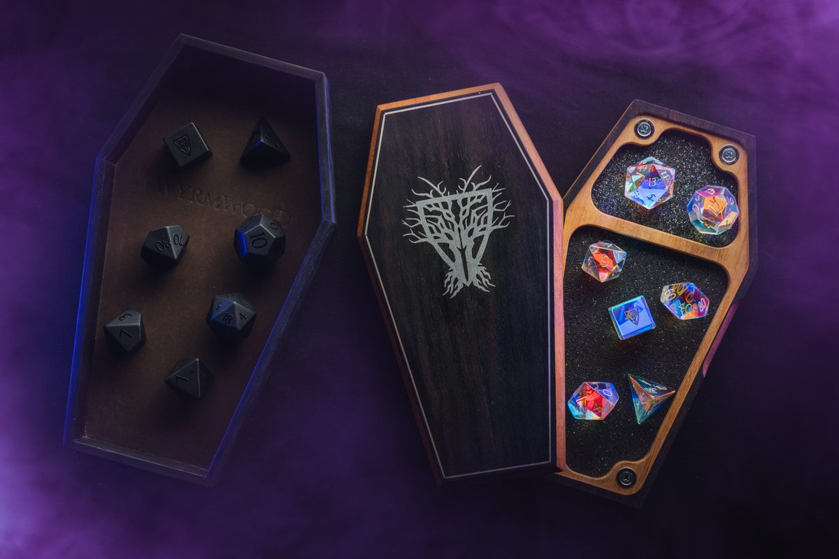 WyrmwoodGaming's tweet photo. 🔥 WW Giveaway 🔥

The Masterwork Mausoleum. ⚰️

This set includes a Coffin Vault (Osage Orange core, Macassar Ebony veneer, silver stringing, and aluminum inlaid corrupted logo) AND a Macassar Ebony Coffin Tray. 🥵

(Rules Posted Below 👇)
#corruptedtarot #wyrmwoodwednesday https://t.co/efntfXIk54