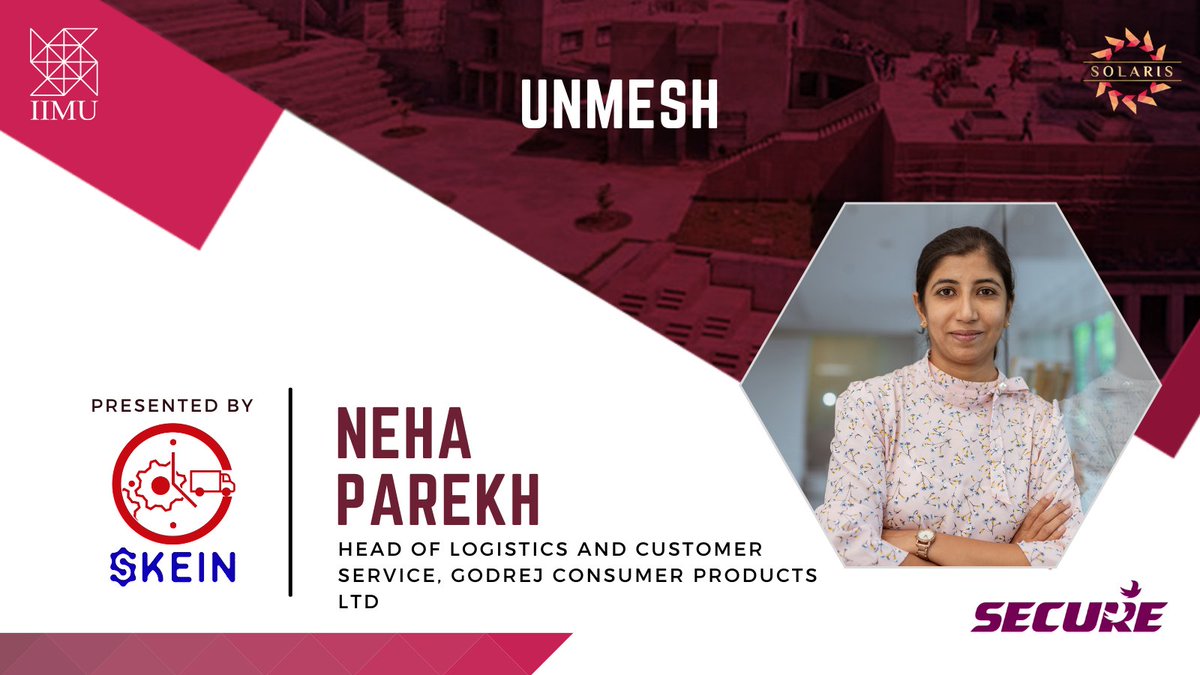 SolarisIIMU's tweet photo. Ms. Neha Parekh, Head of #Logistics, #Godrej Consumer Products Limited, will be our Guest of honor at Unmesh, the Annual #Operations Summit, organized by #Skein, for #Solaris 2021, the Annual #Management #Fest of #IIM #Udaipur.
#Synchronizinghorizons #Ignite #Illuminate #Inspire https://t.co/ki6RGkNi5i
