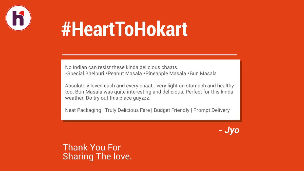 Thank you Jyo. We are glad you had a good experience ordering from us.

If you have ordered from us, we would love to hear from you. Share your #feedback with us on #Zomato.
.
#HeartToHokart #customerFeedback #HappyCustomer #streetfood #treatFromstreet #BangaloreStreetFood
