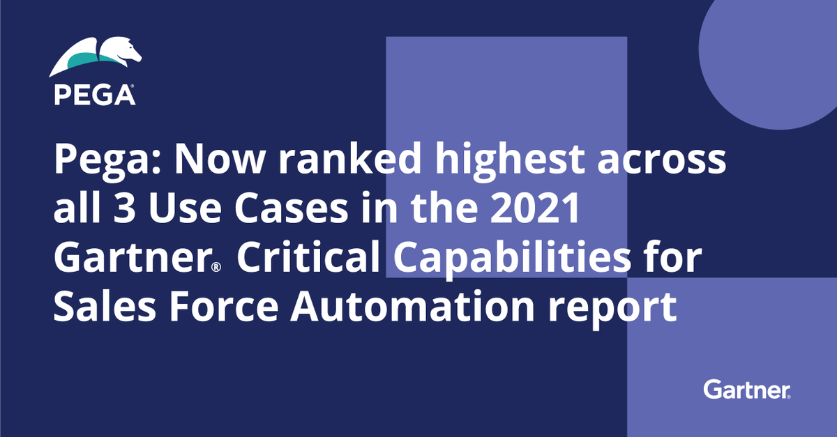 pega's tweet photo. Pega is proud to be ranked highest across all 3 use cases in the 2021 Gartner® Critical Capabilities for Sales Force Automation report. https://t.co/rXYxaLNxfE https://t.co/vxkdtoY0kH