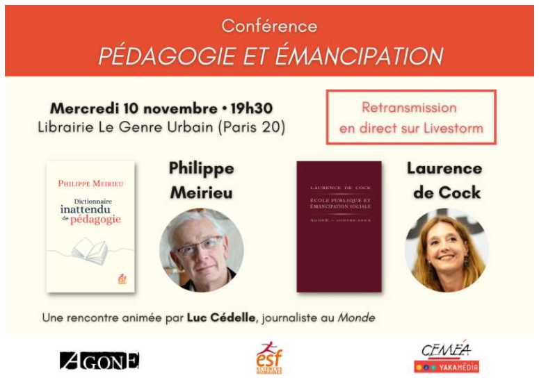 🗓️Conférence "Pédagogie et émancipation" par @PhilippeMeirieu et @debatdecole1, animée par <a href="/LCedelle/">Luc Cédelle</a> mercredi 10 novembre à la librairie <a href="/legenreurbain/">Les voix urbaines Xavier Capodano</a> 📚Événement également retransmis en direct📡ln.cemea.org/aUaz5rcK
#Pedagogie #EducationNouvelle #Education