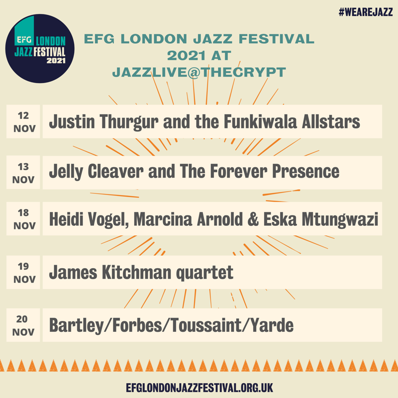 LondonJazzFest's tweet photo. Check out this amazing lineup at the atmospheric @JazzliveSE5 ft. @JustinThurgur, @JellyCleaver, @heidilevo, @marcinaarnold, Eska Mtungwazi, @JamesKitchman and more
Find out more
https://t.co/j5HR1NRtkf

#WeAreJazz