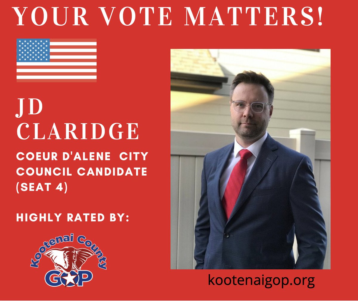 KCRCC's tweet photo. Vote for JD Claridge for Coeur d'Alene City Council (Seat 4)!
#kootenaigop #jdclaridge #cdacitycouncil
https://t.co/pBnnJVpVm5 https://t.co/n0kS4XKDGt