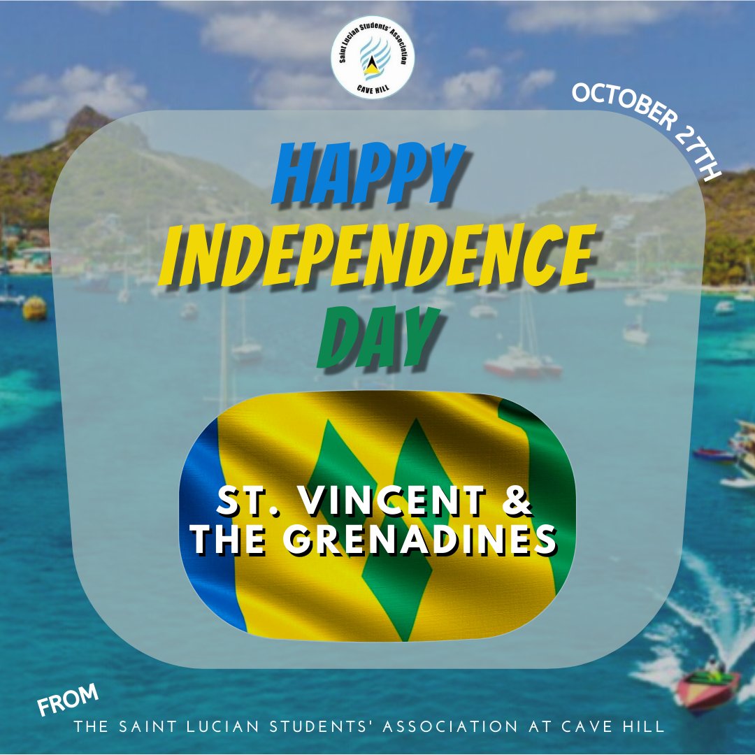 The St Lucia Students' Association at Cave Hill would like to wish a Happy 42nd Anniversary of Independence to the students and people of St Vincent and the Grenadines 🇻🇨🎉 

We hope your lovely islands countinue to flourish✨✨ 

<a href="/VINSACaveHill/">IG: VINSACavehill</a>