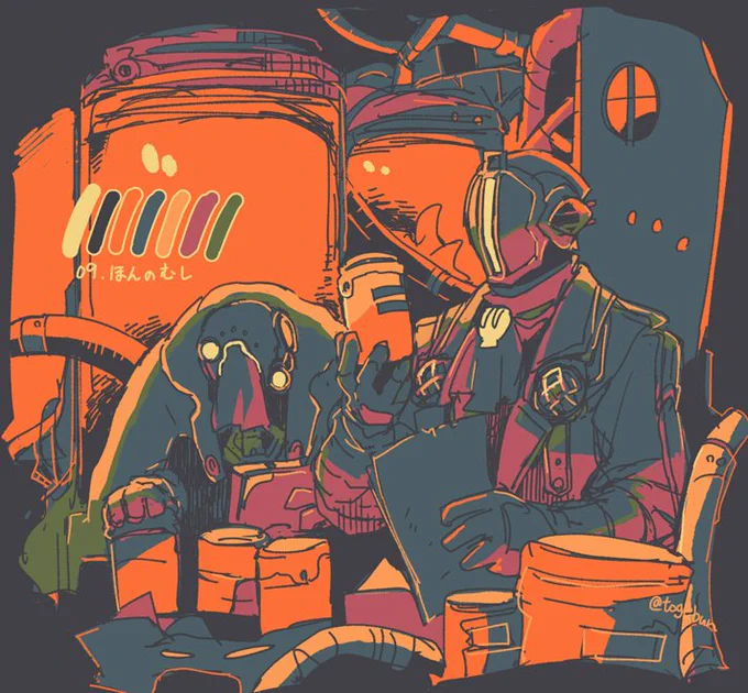 #リプもらった番号の色で絵を描く 
09.ほんのむし
ギャさんと卿でした! 