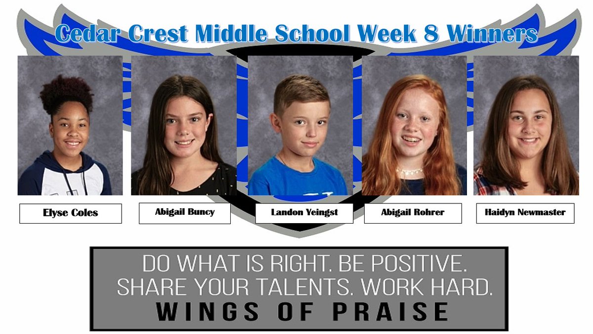 MrFulkersonEB's tweet photo. Congratulations to our Week #8 #WINGSofPRAISE winners at Cedar Crest Middle School. 
@DrRackleyCCMS
@CCMSStudentLife
@SLebFalcons
 @EbenezerElSch
@cwelementary https://t.co/FGDATD0Xiu