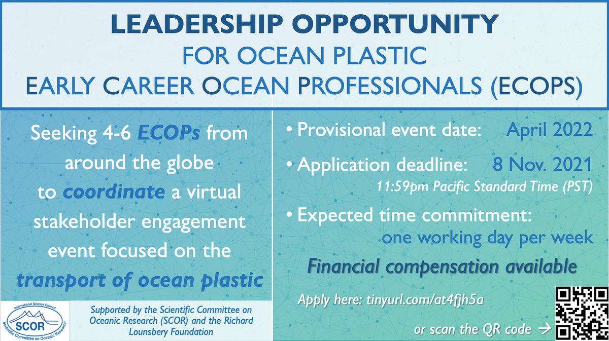 Are you an ocean plastic Early Career Ocean Professional? 

Seeking #ecops to co-lead a global, cross-sectoral, cross-generational event!

Financial compensation available! 🥳 setting new norms for valuing volunteers

tinyurl.com/at4fjh5a apply by Nov 8

#stakeholderengagement