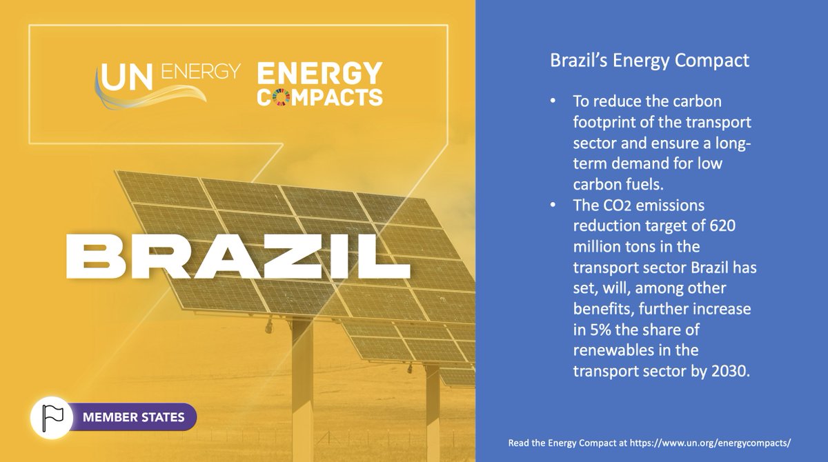 #Brazil aims to reduce their transport sector's carbon footprint and ensure a long-term demand for low carbon fuels through their #EnergyCompact. 

Read the full Compact at buff.ly/3jwMN1p 

<a href="/Minas_Energia/">Ministério de Minas e Energia</a> <a href="/EPE_Brasil/">EPE</a>
<a href="/SEforALLorg/">Sustainable Energy for All</a> <a href="/UN_Energy/">UN-Energy</a>
#COP26 #SDG7