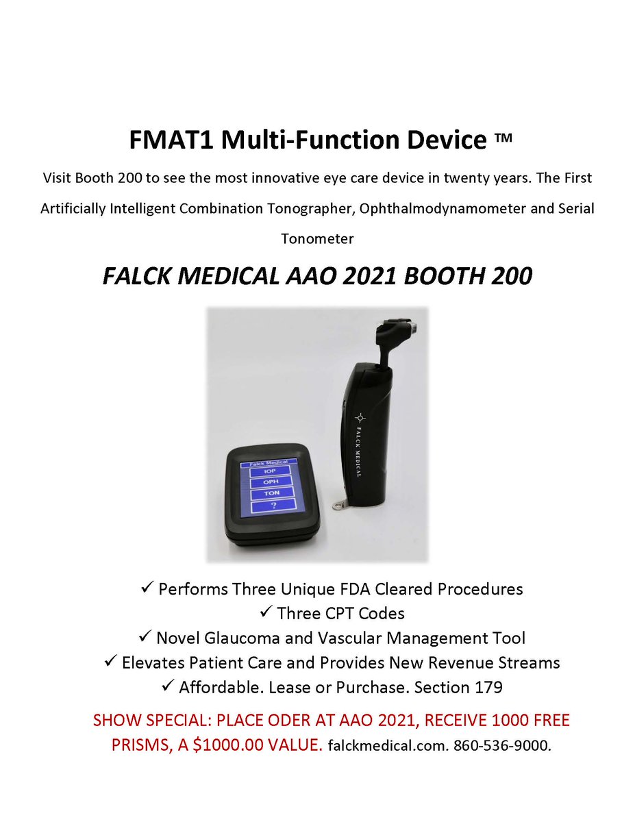FalckMedical's tweet photo. Visit Booth 200 at the 2021 Boston AAO Meeting to see the most innovative eye care device in twenty years: Falck Medical Inc's FMAT1 Multi-Function Device. See poster for special promotions for attendees #optometry #eyecare #tonometer #glaucoma https://t.co/RDLYpFl0Cg https://t.co/3IhfvglCDw