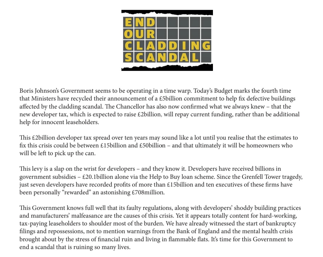 Please see our statement on @RishiSunak's #Budget2021 and #SpendingReview 👇 #EndOurCladdingScandal #NotJustCladding #BuildingSafetyCrisis