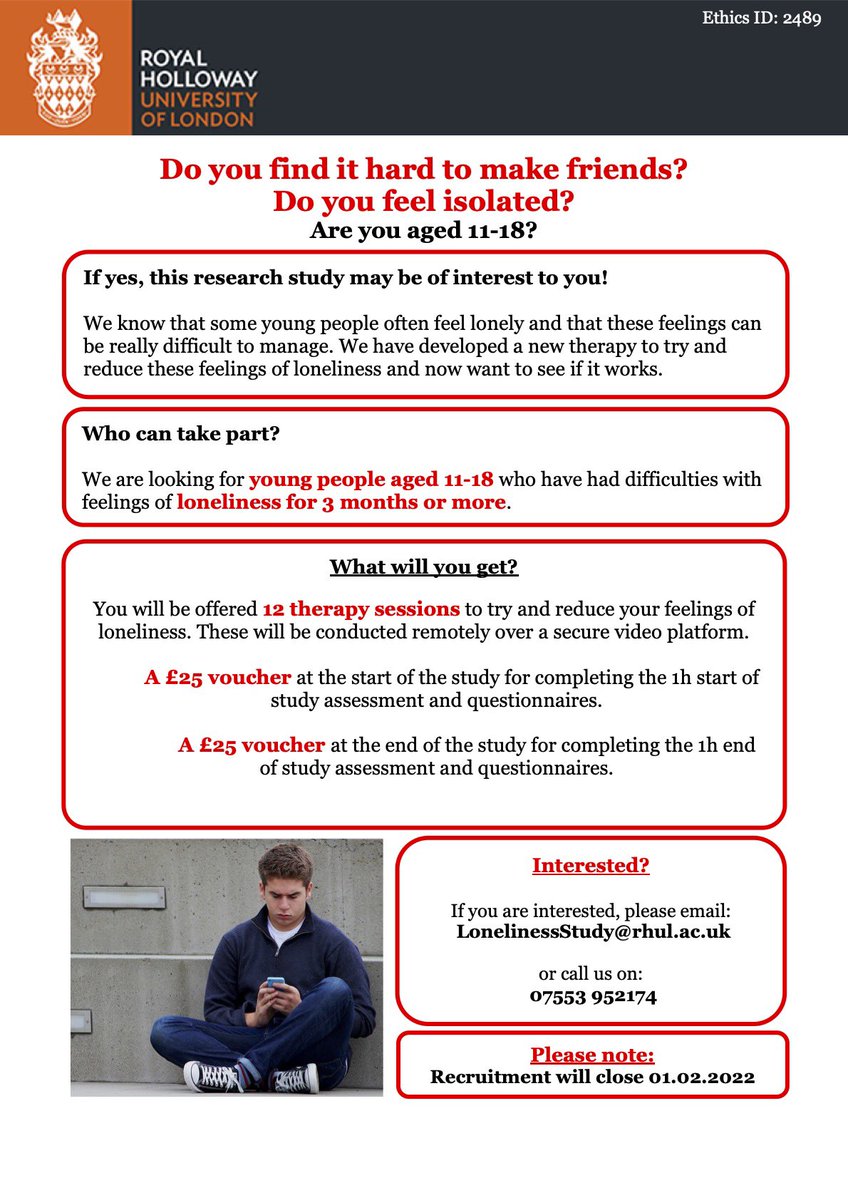tomcawthorne's tweet photo. Do you know any 11-18 year olds who have difficulties with friendships? We are currently offering 12 sessions of psychological therapy for young people experiencing loneliness. This project is being led by Prof Roz Shafran at UCL/Great Ormond Street. https://t.co/3WugTRJMoq