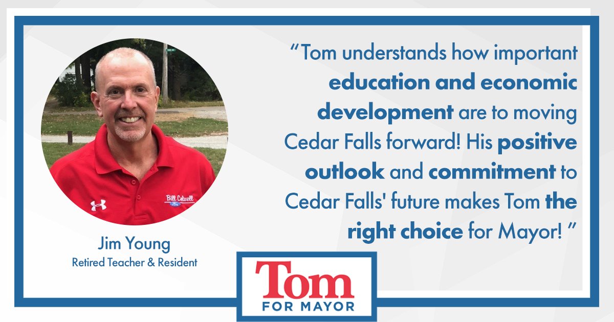 TomBlanford's tweet photo. Jim is right- education and economic development are key priorities for the future of Cedar Falls, and as your mayor, I’ll work to bring them to the forefront of our city’s objectives. https://t.co/1FYXyoNaBv