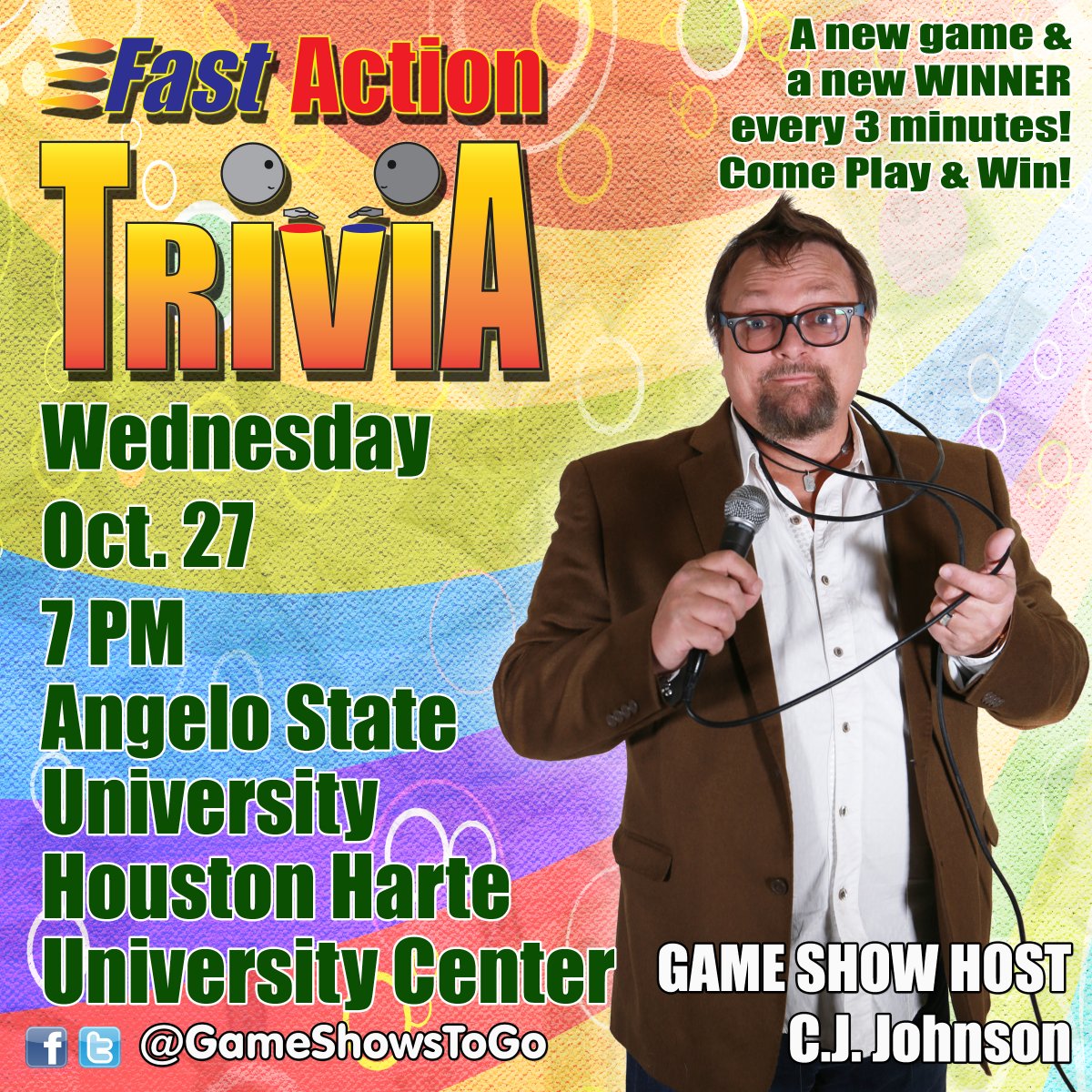 GameShowsToGo's tweet photo. Tonight at @AngeloStateUCPC we'll be playing Fast Action Trivia and dropping some knowledge about LGBTQ issues and history as well. Come one, come all and have fun while winning some cash money! https://t.co/77h5GQe2r3