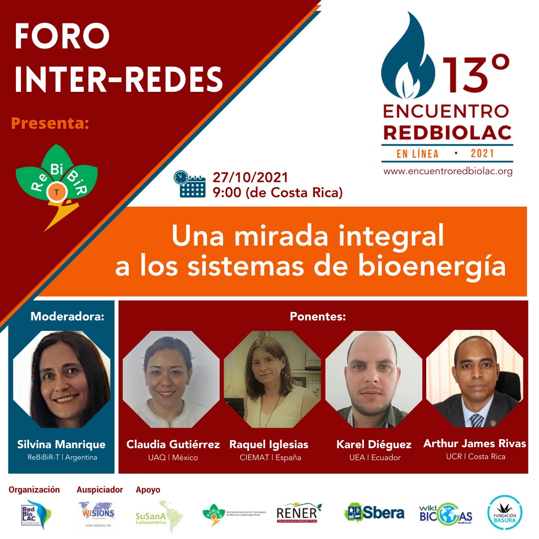 wisions's tweet image. It is the 26th of October and therefore the second day of the 13th Annual Meeting of @RedbioLAC. Todays schedule will be:

- A discussion forum which takes a comprehensive look at bioenergy systems.
⏰  5:00 pm (german time) 
#sustainability #biodigesters
(1/2)