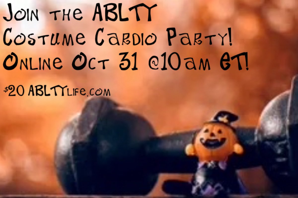 ABLTYlife's tweet photo. I'm hosting a cardio party via Zoom at 10 AM (eastern) on Halloween, ad you're invited! Hop on a treadmill, elliptical, stationary bike, or just lace up and go outside with your headphones on to join the fun. Visit https://t.co/zrnXdRrRIa for more info! https://t.co/NlT5cpjiPX