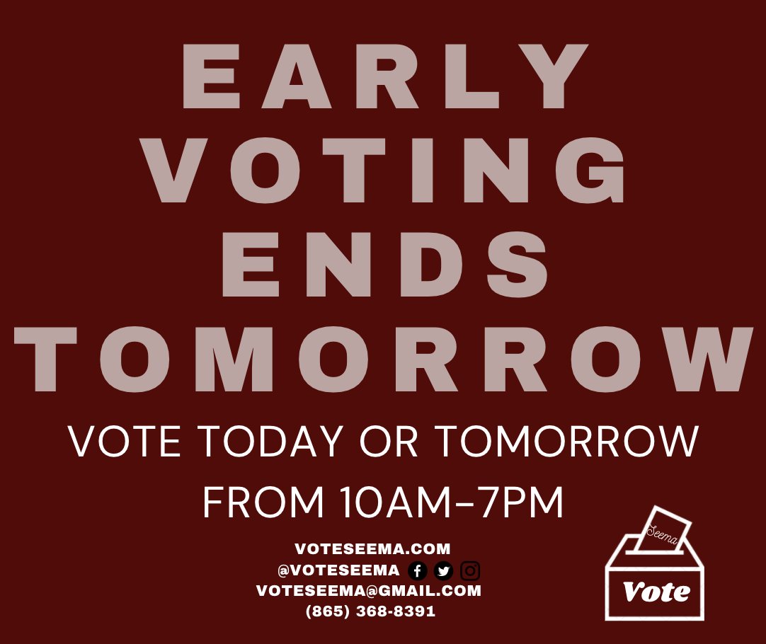 Tomorrow is the LAST day of Early Voting! If you haven't already, make sure to get to the polls and vote!
Polls are open from 10-7 today (Meridian Baptist church will close at 5). 
Check out KnoxVotes.org for more details.