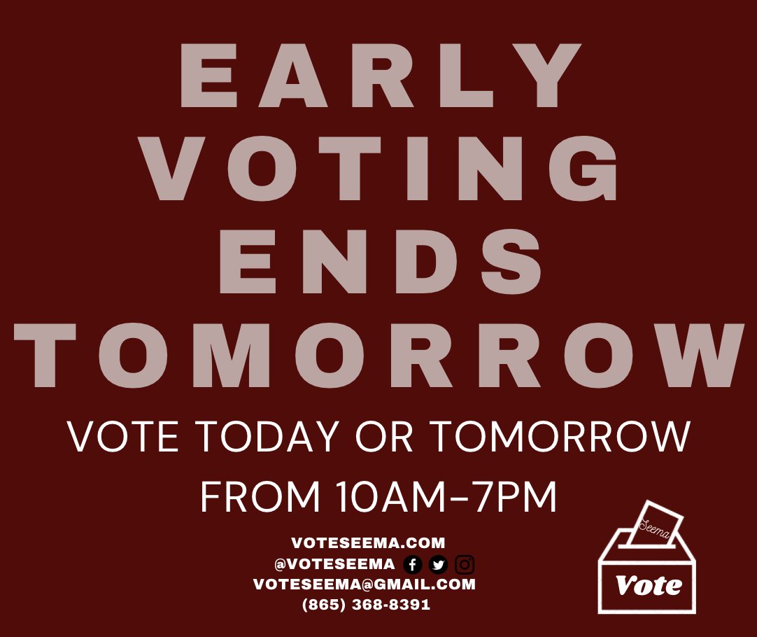 Tomorrow is the LAST day of Early Voting! If you haven't already, make sure to get to the polls and vote! Polls are open from 10-7 today (Meridian Baptist church will close at 5). Check out KnoxVotes.org for more details.