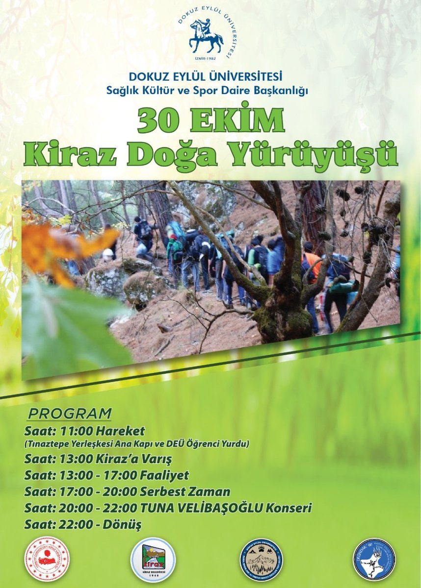 DEÜ SAĞLIK KÜLTÜR VE SPOR DAİRE BAŞKANLIĞI
30 Ekim Kiraz Doğa Yürüyüşü
<a href="/hotar_nukhet/">Prof. Dr. Nükhet Hotar</a> 
<a href="/universitemDEU/">Dokuz Eylül Üniversitesi</a>