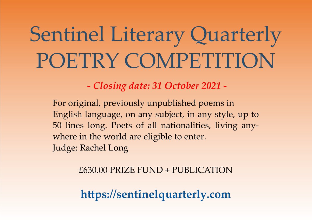 sentinelwriting's tweet photo. 4 days left to enter Sentinel Literary Quarterly Poetry Competition. Judge: Rachel Long. £630.00 Prize Fund + Publication. https://t.co/2WVaqJS0fv https://t.co/U4VVkLu2Bp