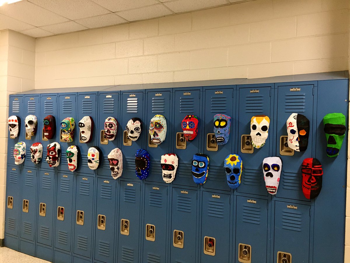 KKBryant_ART's tweet photo. @ForbushHS Intro to Arts &amp; Crafts papier-mâché Sugar Skulls in celebration of Día de los Muertos! Ss had to build the form from scratch &amp; paint traditional designs or designs in memory of a loved one.

@yadkincoschools 
@ArtsYadkin https://t.co/bYIS9UJUGG