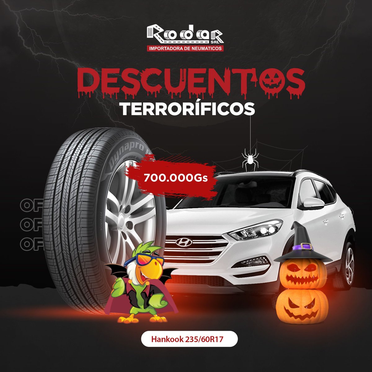 RodarSrl's tweet photo. 🎃 DESCUENTOS TERRORÍFICOS 👻 

Estamos con precios bajos en nuestros neumáticos ¡Este Halloween aprovechá para renovar todo! 💥💥
.
.
☎️ Contactos:
✅ Casa Central: 0986-101729
✅ Luque: 0986-904007
✅ Acceso Sur:  0981-271125
✅ Lambaré: 0971-141040 https://t.co/zNBeMYyz01