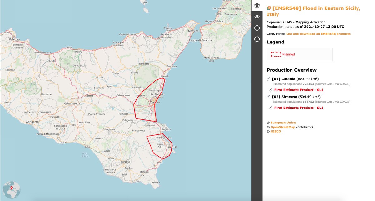 CopernicusEMS's tweet photo. 📢 Just presented at #CEMSWeek
Do you want to follow the progress of an ongoing CEMS - Mapping activation for #Flood in Eastern #Sicily?
➡ Use our brand new Activation Extent Map Online:
🔗 https://t.co/2ad12ZSNIY
#CEMS #AEM #EUCivPro https://t.co/MGfbTN54hi