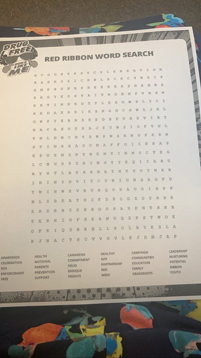 Today’s Red Ribbon Week activity is a word search! Visit us at our table outside the cafeteria to grab one! You can also turn in your Bingo card (or pick one up) for a small prize! #RedRibbonWeek #pascostrong #drugfreelookslikeme