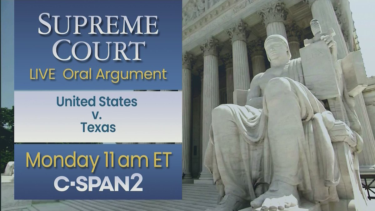 U.S. Supreme Court Oral Argument: 

United States v. Texas 

#SCOTUS hears oral argument in a case by the Justice Department challenging the Texas abortion law. 

LIVE at ~11am ET on C-SPAN2 c-span.org/video/?515559-…