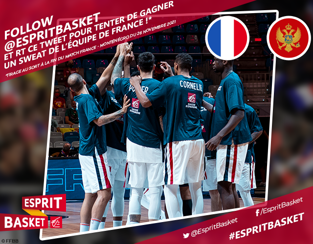 EspritBasket's tweet photo. Follow + RT pour tenter de gagner un hoodie des Bleus à l'occasion du match France 🇫🇷 - 🇲🇪 Monténégro à Pau ce vendredi 26 novembre  !
#EspritBasket https://t.co/OgVTJaJoAC