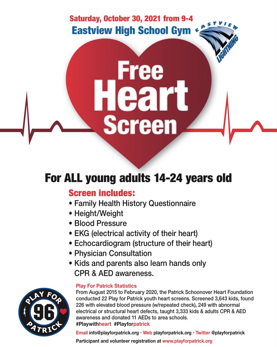 LetsPlay_Hockey's tweet photo. @playforpatrick is offering a FREE Heart Screening this Saturday from 9-4 at Eastview High School for ALL young adults ages 14-24. To read Patrick's story and how the foundation has helped hundreds of young athletes through thousands of screenings, visit https://t.co/PCmcaTScYd. https://t.co/pGlaMH5Fj7