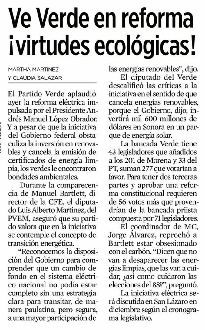 ¡Lo que faltaba!

Cinismo total del Partido Verde, en su regresiva y contaminante  #ReformaEléctrica, buscan justificar lo injustificable, no hay ni una sola virtud ecológica, está claro que lo único que tiene de verde ese partido es el color.