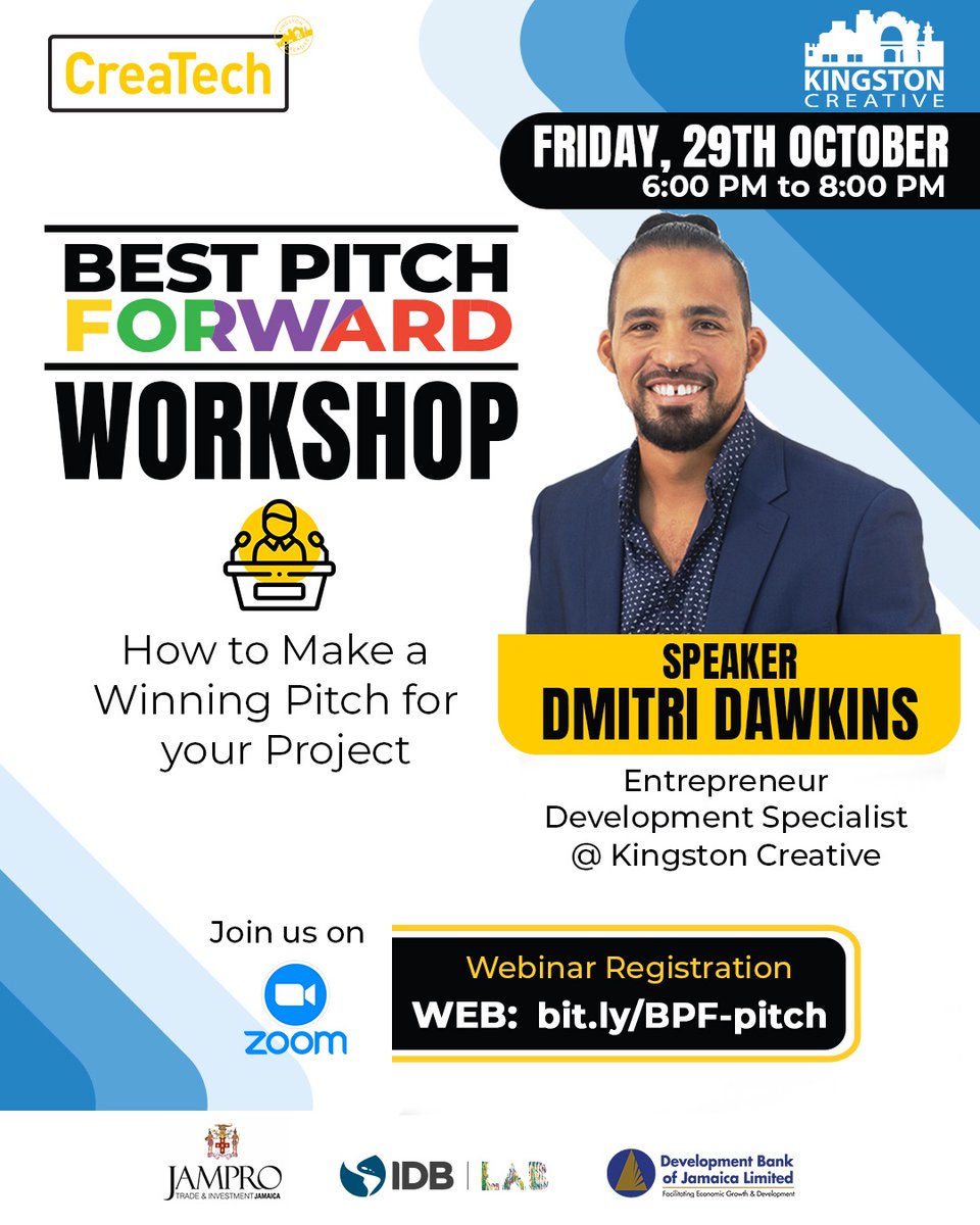 CreaTechByKC's tweet photo. Don't forget to sign up for our free #BestPitchForward workshop with Dmitri Dawkins! Happening this Friday at 6PM... It's all about learning how to make a winning #pitch for your #creative project.

Register now: https://t.co/m8voUtj4Sg
#CreaTech
#KingstonCreative https://t.co/ITviZ8mLcg