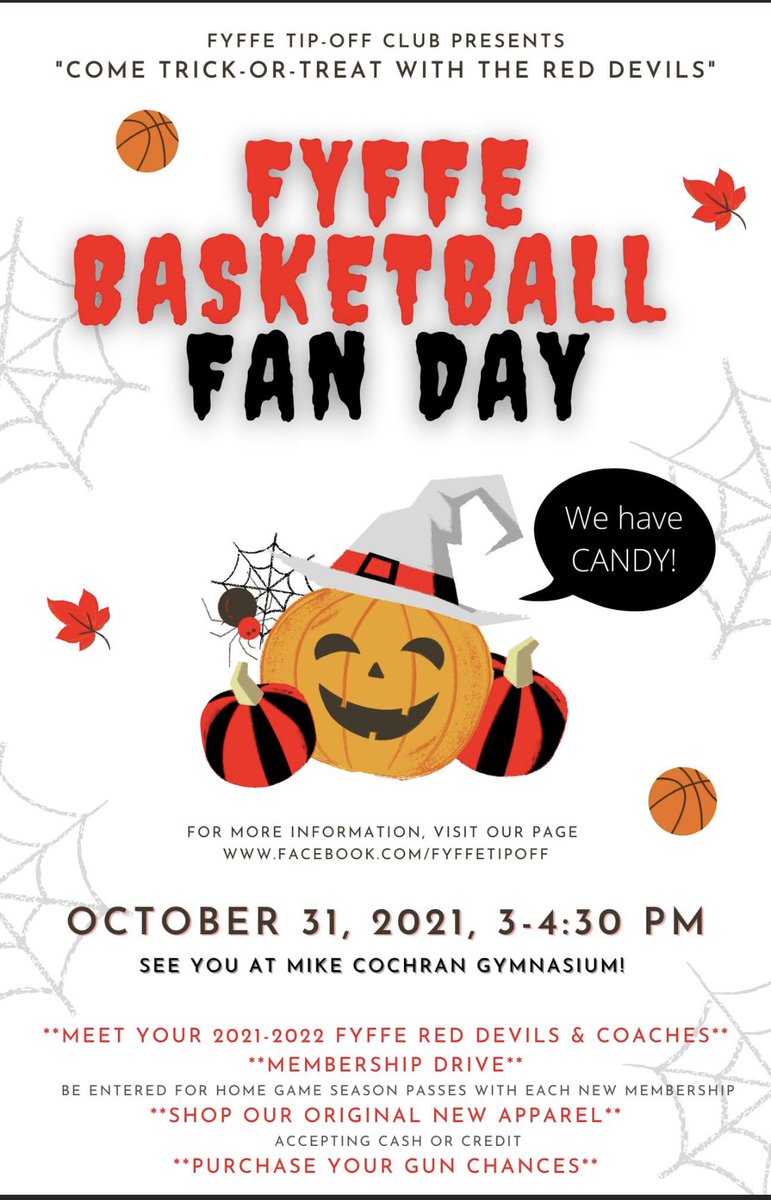 EVERYONE INVITED! Don't forget to come out, show some love, and support your favorite Fyffe Red Devil Basketball players this Sunday!!! Players from 7th grade to Seniors will be in attendance to start this 2021-2022 season off with some Fyffe Family!!
 #GBR  Please share!