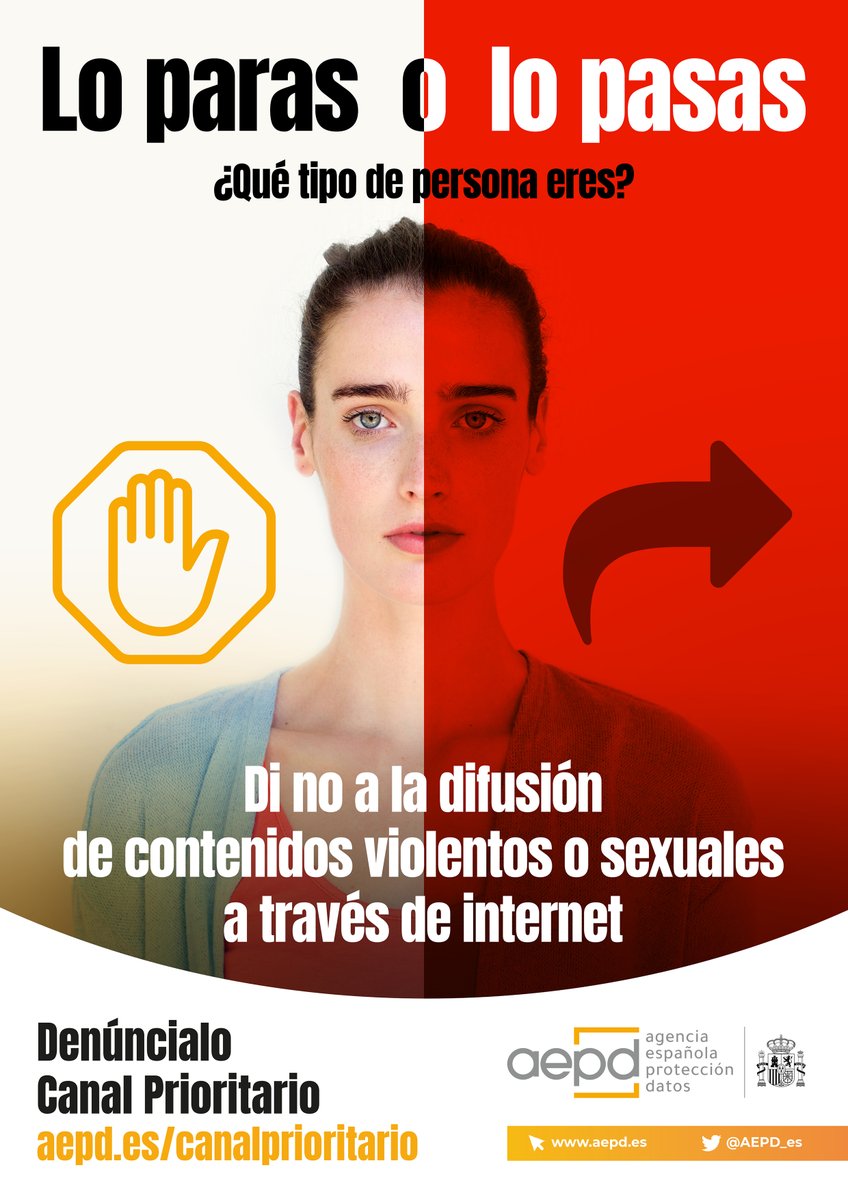 📳Si te llega un vídeo o imagen de contenido sexual o violento ¿#LoParasOLoPasas?

✋No reenvíes ni compartas
⛔️Denuncia en el #CanalPrioritario 

📵Tú también #PuedesPararlo
aepd.es/canalprioritar…
