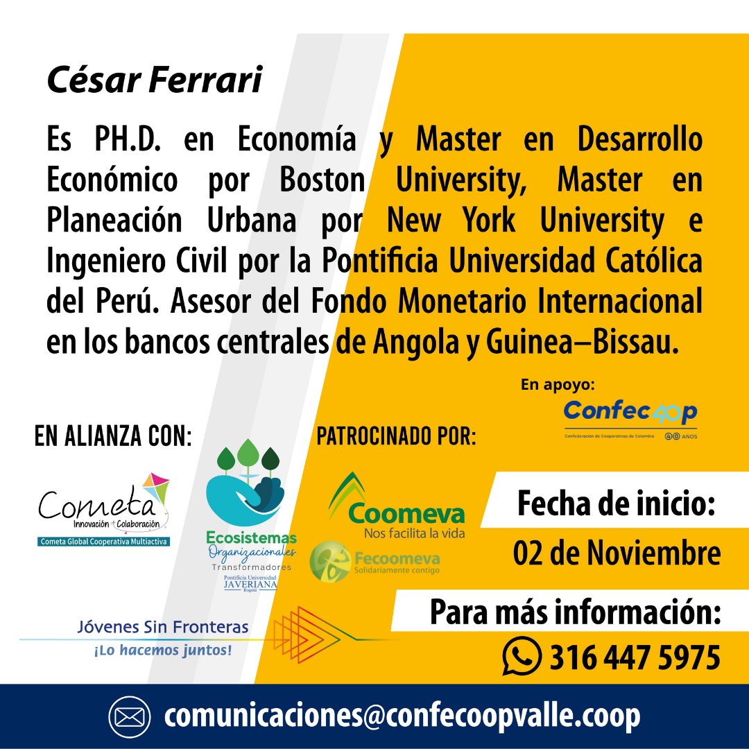 ConfecoopVall's tweet photo. 👩‍Los invitamos a ser parte del DIPLOMADO EN: COOPERATIVAS DE PLATAFORMA.
👨‍🏫Conoce a César Ferrari docente de nuestro Diplomado.⁣
🗓️ Fecha de inicio: 02 de noviembre
#ConfecoopValle #empresasdecali #economiasolidaria #cooperativas #sectorsolidario #fondosdeempleados https://t.co/3ylujL5KoP