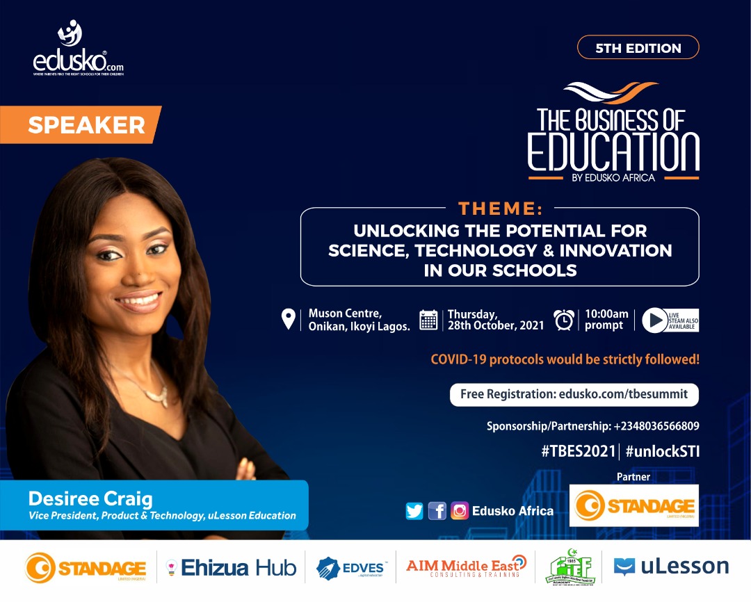 ulessonapp's tweet photo. Desiree Craig, our Vice President, Product and Technology at uLesson will be speaking at The Business of Education 2021 event organized by @EduskoAfrica.

Come by and say hi 👋🏾to our team tomorrow at The Muson Centre Ikoyi, Lagos.

#uLesson #LoveLearning #EdTech #TBES https://t.co/LJhkb4UF4Z