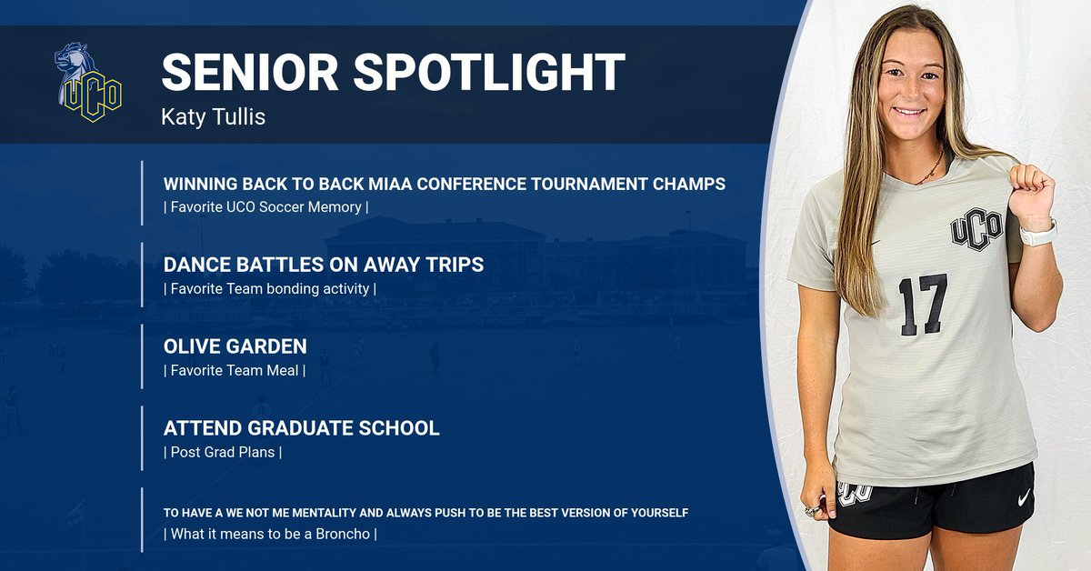 UCOSoccer's tweet photo. Up next SENIOR SPOTLIGHT @KatyTullis 💛💙 #RollChos 🐴 https://t.co/2ceB53MZYu