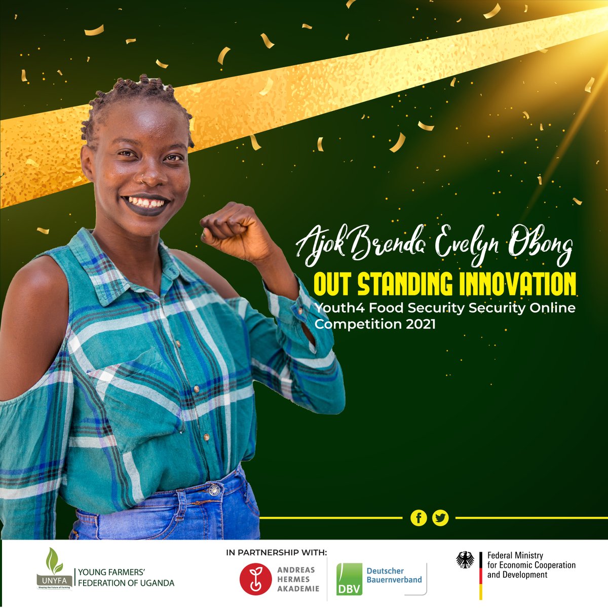 Ajok Brenda Evelyn Obong, merged as an outstanding innovator. She walks away with 1m worth of a farm gadget. #Youth4FoodSecurity2021 #UNYFAAGM2021