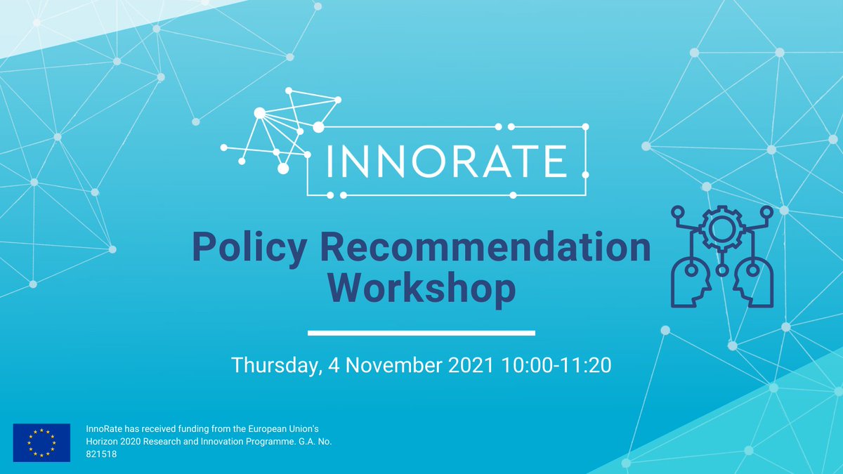 📣 Mark your calendars!

Our upcoming Workshop will bring together policy makers, #SMEs, innovators, #TTOs, #matchmakers to discuss and ameliorate the policy recommendations deriving from our project.

📅4 November
🕙10 CET

More info &amp; and registration➡️cutt.ly/RRD3yUo