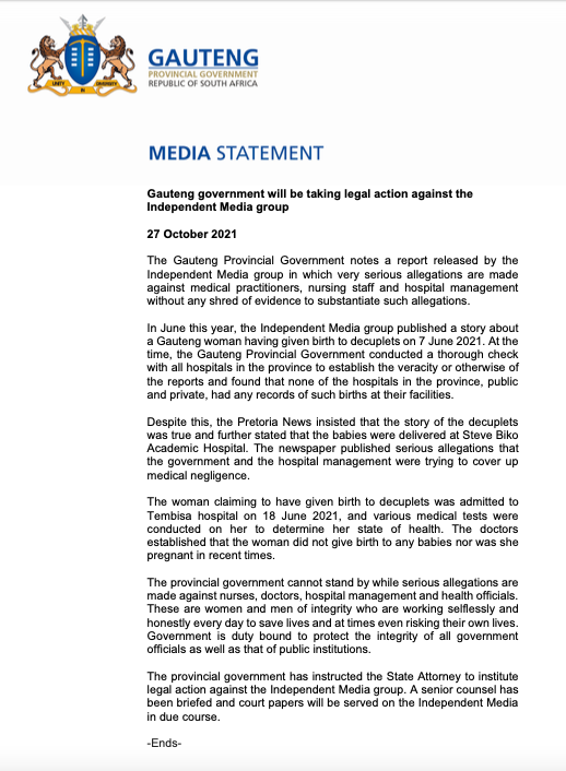 JacaNewswatch's tweet photo. JUST IN: The Gauteng Government says it will institute legal action against Independent Media following the release on a report claiming a human trafficking syndicate at various state hospitals is responsible for the disappearance of the #Tembisa10. https://t.co/DisPqsBXzf