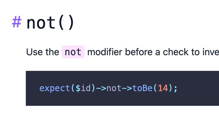 Use ->not to reverse an assertion in @pestphp 